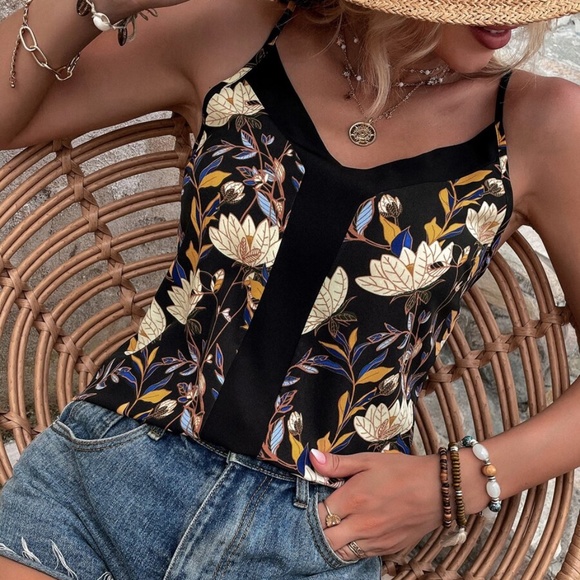 Boho Black Floral Print Cottagecore Cami Tank Top - Picture 5 of 5